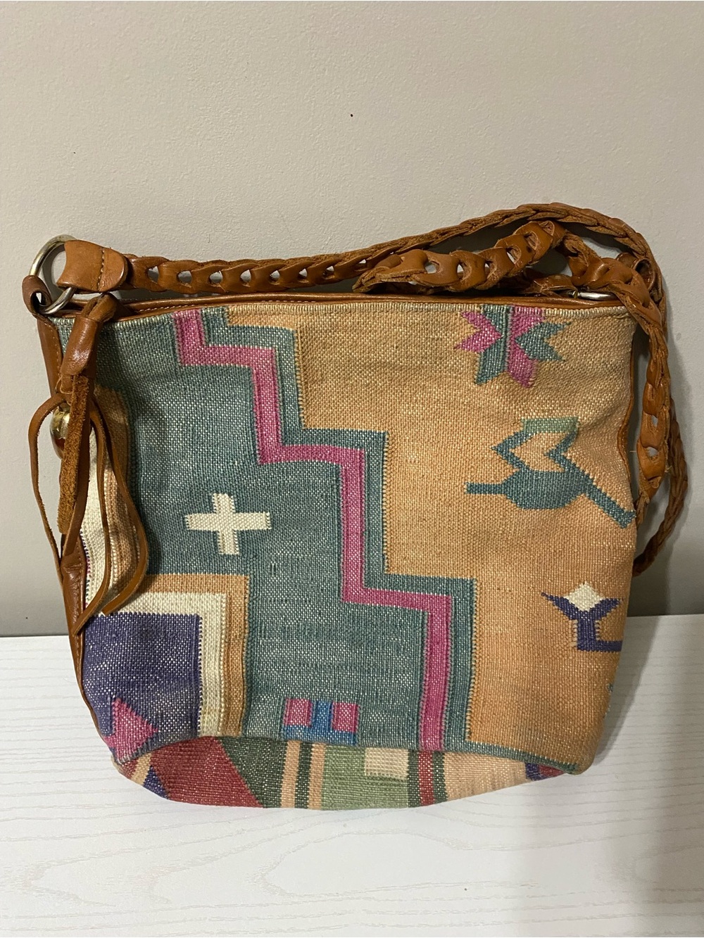 Marco Avane vintage Aztec Woven Crossbody Bag in Tan and Teal